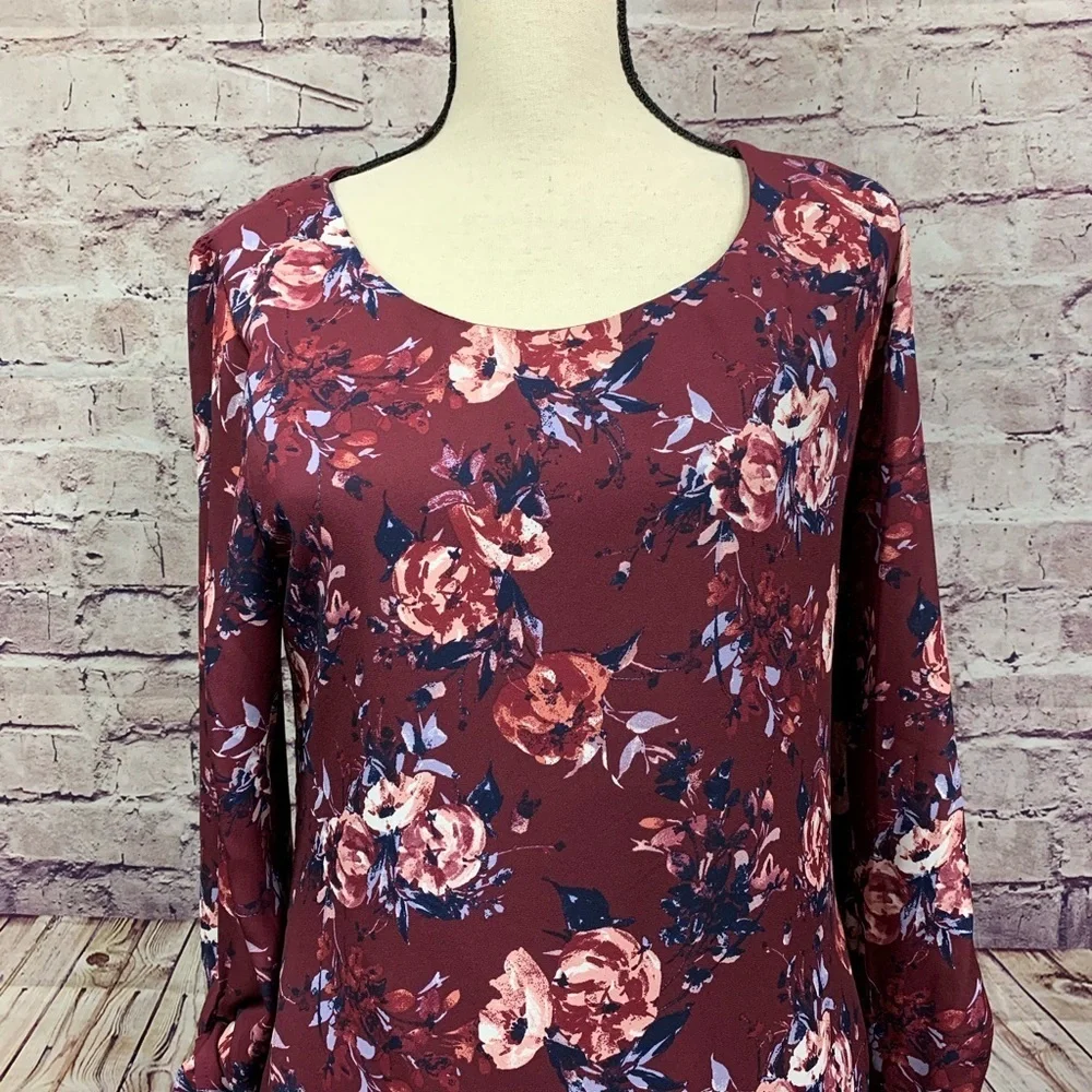 Speechless Burgundy Floral Long Tie Sleeve Lined Dress